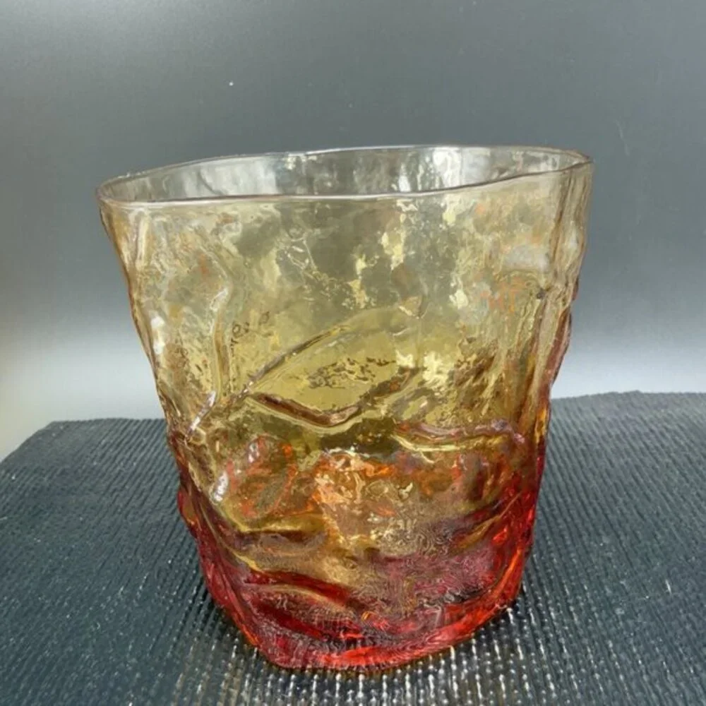 1970s Seneca Driftwood Amber Crinkle Glass‎ Glasses Tumblers Cups Set 3 Vintage